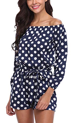 MISS MOLY Monopezzi e Tutine Donna Estate Tuta Pois off Spalla Elegante Jumpsuit Manicotto 3/4 Romper Blu Bianco Large