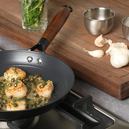 Image of Babish 9.5 Inch Cast Iron Skillet with Wooden Handle, Pre-Seasoned Nonstick Pan with Honeycomb Textured Cooking Surface, Induction Oven Safe Skillet for Searing, Frying Eggs, Steak and Stir Fry
