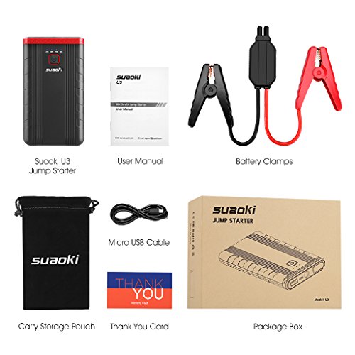 Car Battery Jump Starter, SUAOKI U3 400A Peak 8000mAh 12V Auto Battery Booster and Portable Phone Charger with Built-in LED Flashlight for Gasoline Engines up to 2.5L, UL Certified