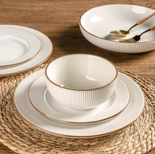 Image of GBHOME Ceramic Dinnerware Sets,12 pcs Embossed Elegant Stoneware Plates and Bowls Sets, Housewarming Wedding Gift | Dishwasher & Microwave Safe | Dishes Set Service for 4