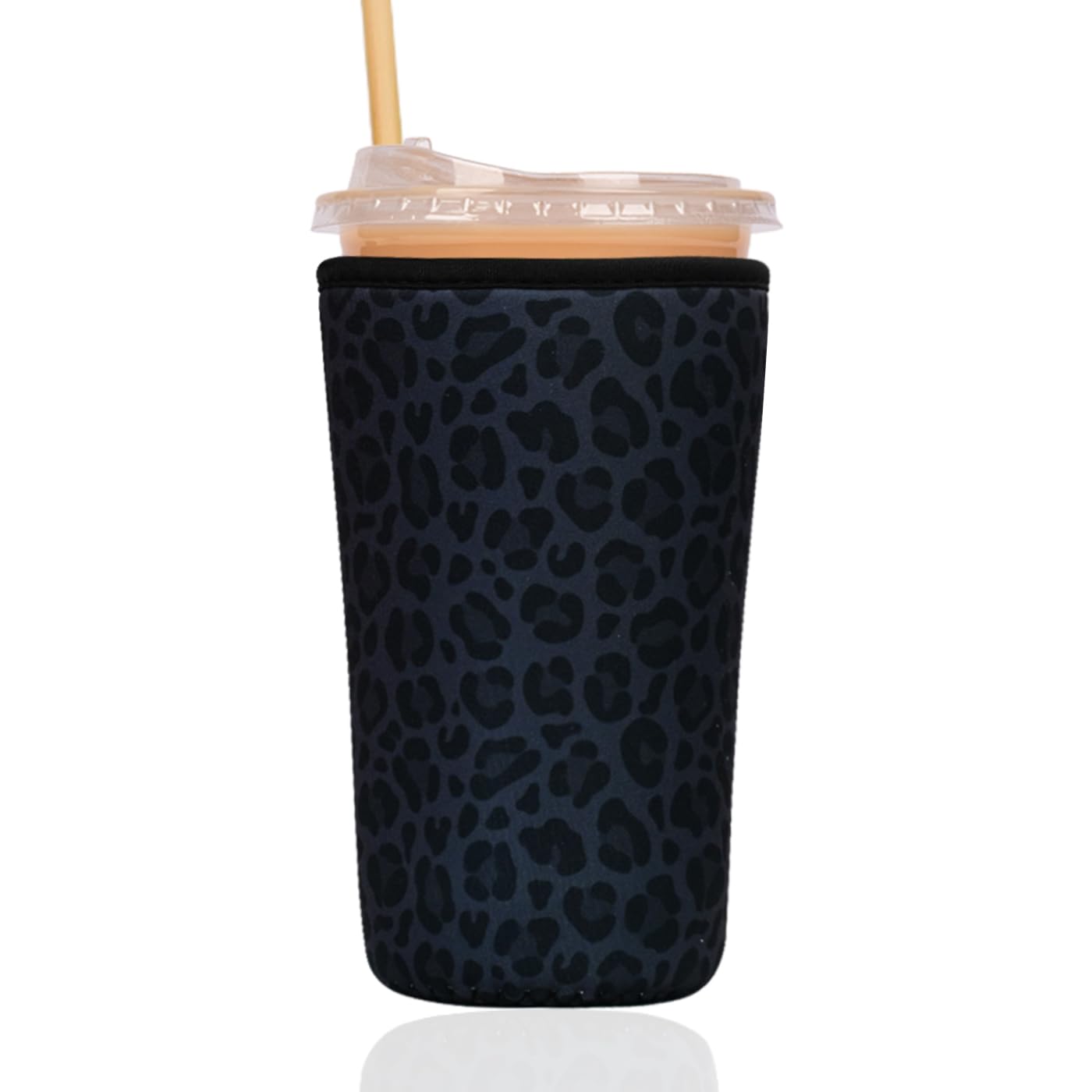 Reusable Insulated Sleeve for Iced Coffee Cup, Coffee Neoprene Sleeve for Cold &amp; Hot Drinks, Beverage Holder for Iced Coffee (Charcoal Leopard, Large: 32oz)