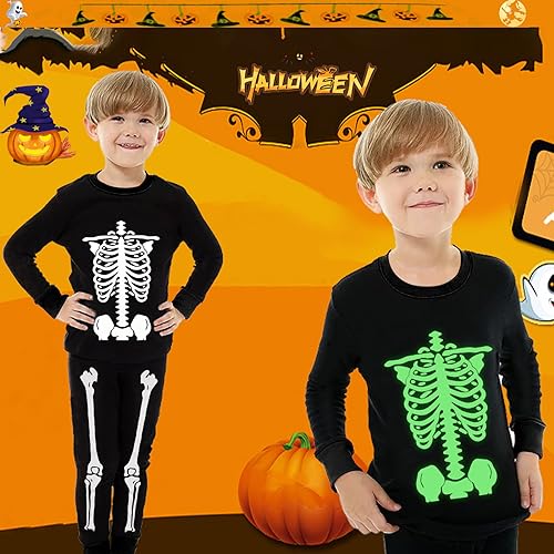 GRPSKCOS Kids Halloween Pyjamas Set Boys Pajamas Girls Toddler Halloween Pjs Skeleton Halloween Glow in The Dark Long Sleeve Sleepwear (001/Skeleton/Glow-in-the-dark,5 Years)
