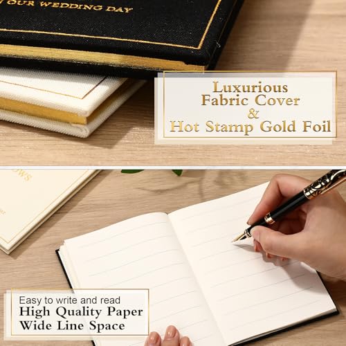 Image of Engrowtic Set of 2 Wedding Vow Books His and Hers Vows on Our Wedding Day Notebooks with Gold Foil Fabric Cover 5.8 inchx 4.1 inch Bride and Groom Gift for Newly Engaged Couple, 60 Lined Pages (Black, White)