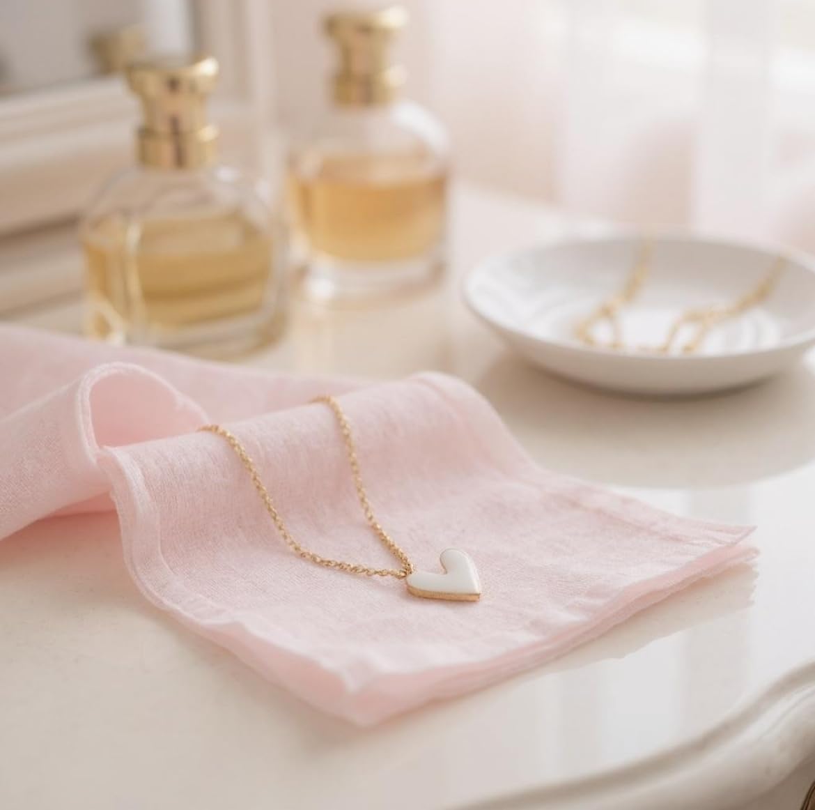 18K Yellow Gold Plated Heart Necklace for Women – 15.5” Cuban Link Chain, White Enamel Heart Pendant, Hypoallergenic, Nickel-Free, Waterproof – Dark Water Collections - Image 4