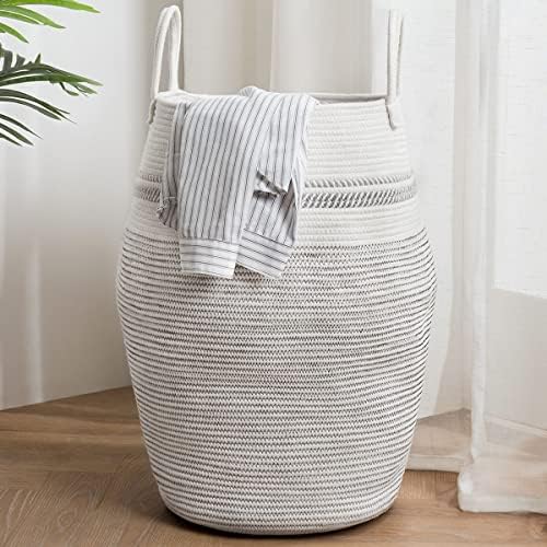 YOUDENOVA Cotton Rope Basket Large Blanket Basket Woven Storage Basket Toy Storage Organiser Nursery Decor Laundry Hamper with Handle 58L White & Brown