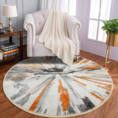 Large Round Area Rugs for Living Room Grey Orange Round Area Rug Diameter 160 cm Modern Non Slip Abstract Rug Carpet for Bedroom Entryway Kitchen Kids Room Playroom Home Decor Floor Mat Yoga Mat