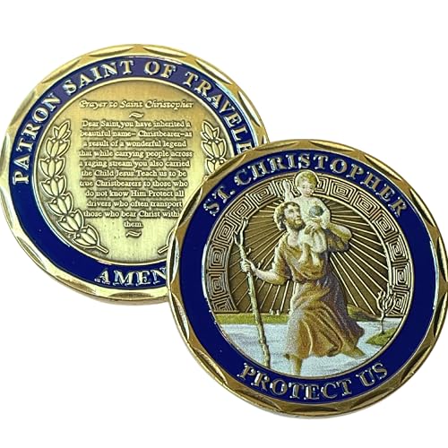 Aizics Mint St Christopher Coin, Patron Saint of Travelers, Saint Christopher Catholic Challenge Coin, Religious Coin Collectibles, Copper Plated 38mm x 2mm