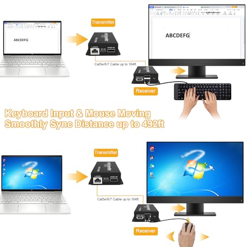 492FT HDMI KVM USB Extender Over Cat5e/6/7 - HDMI to RJ45 Ethernet Extender Balun 1080P@60hz HDMI Transmitter Receiver Support Keyboard Mouse USB Control No Latency POC Function Single Power Supply - Thumbnail 6