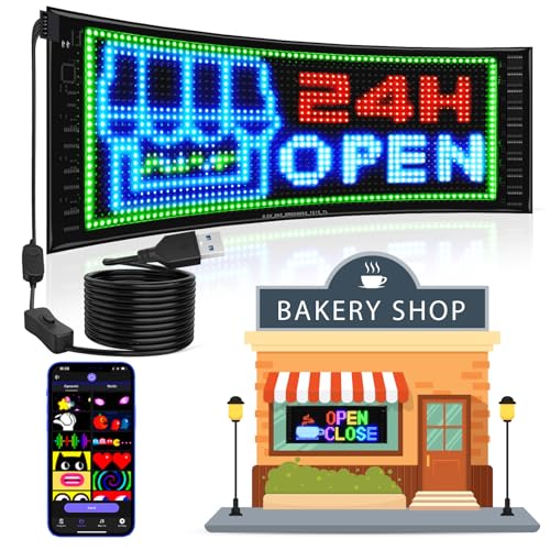 Rayhome Full Color Double Row Scrolling LED Light Sign, 17''x6.3'' Flexible 5V/2A Bluetooth APP Control LED Signs Custom Text Message Pattern Programmable LED Display for Car Store.
