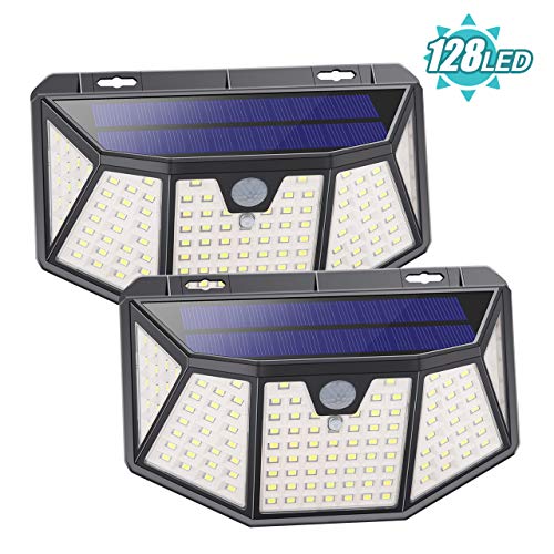 OOWOLF 2Pcs Luz Solar Exterior 128 LED, Foco Solar Exterior con Sensor de Movimiento 300° lluminación Lámpara Solar Impermeable IP65 con 3 Modos Inteligentes Para Jardín Exterior