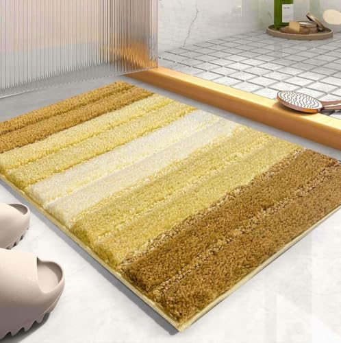 Image of Microfiber Shaggy Striped Design Bath Mat | Non Slip TPR Backing Absorbent Plush Door Floor Rug for Shower Bathroom Kitchen Living Room Home Decor (40x60 cm, Beige and Coffee)