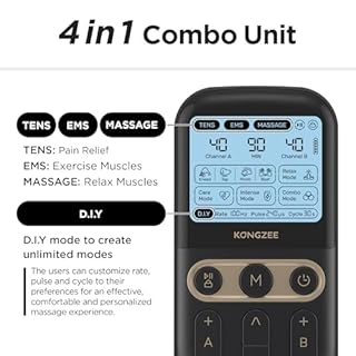 4 in 1 - Unità TENS e fai da te, stimolatore muscolare EMS e massaggio, macchina terapeutica con unità TENS a doppio canale per alleviare il dolore (Nero)