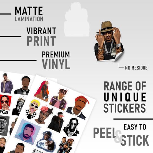 Image of Pack of 52 - Hip Hop Rappers Vinyl Self-Adhesive Stickers For Laptop, Journal, Guitar, Mobile Phone - Waterproof Residue Free Stickers - Tupac, Mc Stan, Eminem, Divine, 5.1x7.6x5.1cms