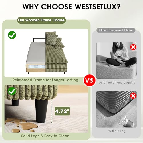 Image of WESTSETLUX 54.8 inch W Oversized Chaise Lounge Chair Indoor with 5-Position Adjustable Backrest, Corduroy Sleeper Sofa Bed with 3 Pillows, Modern Cloud Couch Chair for Living Room, Bedroom, Green