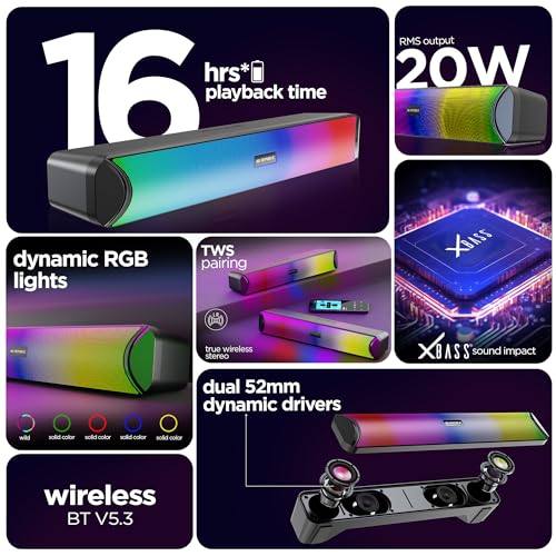 Image of Nu Republic Party Box 200 Bluetooth Soundbar with X-Bass Technology, 52mm Dual Dynamic Drivers, 20W Output, Upto 16 Hrs Playtime, Multiple RGB LED Lights, USB Port, Bluetooth 5.3v (Black, 2.0 Channel)