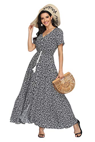 Image of VintageClothing Women's Floral Maxi Dresses Boho Button Up Split Summer Casual Long Dress Beach Party Dress