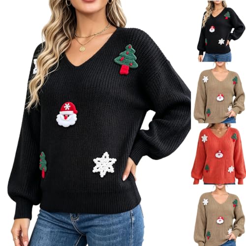 Christmas Sweater Christmas Tops for Women V Neck Sweaters for Women Black - image 1