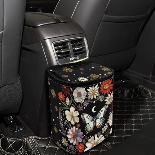 Image of Talayituse Butterfly Daisy Moon Print Car Trash Can with Lid, Leak Proof Auto Trash Bag Hanging Vehicle Garbage Can Multipurpose Storage Container for Back Seat Road Trip