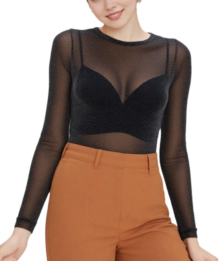 Miss Rouge: T-Shirt, Top en tuelle, Brillant/pailleté (Noir)