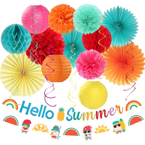 Image of Summer Luau Hawaiian-Beach Party-Decorations Supplies - 21pcs Hello Banner,Pool Paper Lanterns Honeycomb,Hanging Streamers Garland,Tissue Pom Poms Flowers Fans,Tropical Outdoor Theme Decor Burgleda