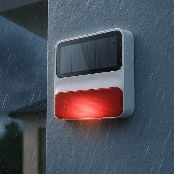 Daewoo Solar Powered Wireless Outdoor Alarm Siren WOS501S mounted on a wall during rain, with its red light flashing.
