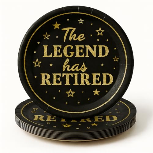 JPACO 50-Pack Retirement Party Paper Plates 7 The Legend Has Retired Black and Gold Disposable Plates for Retirees Premium Paper Plates for Retirement Party Supplies Coworkers Teachers