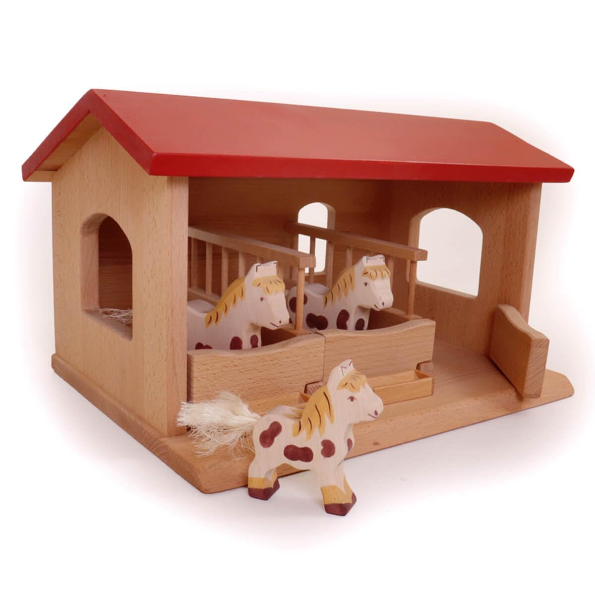Holzspielzeug Peitz Spielzeug Pferdestall aus Holz | Bauernhof mit 3 Boxen & Futtertrögen | Passend für Schleich Pferde