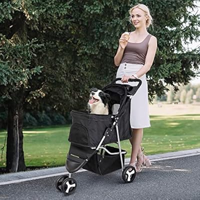 3 Wheels Foldable Pet Stroller Dog Cat Jogger Stroller Travel Carrier Strolling Cart w/Waterproof Cover Storage Basket Cup Holder & Removable Liner, Black