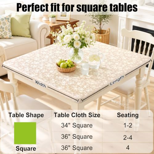 Image of Smiry Heavy Duty Vinyl Fitted Tablecloths for Square Tables | Elastic Waterproof Fitted Tablecloths, Wipeable Washable Table Cover for Kitchen, Dining, Camping (Beige, 34 inch x 34 inch)