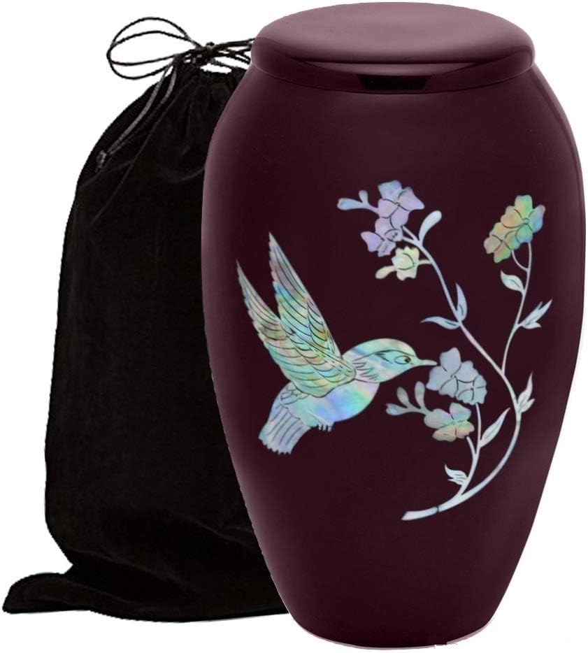 Handcrafted Cremation Urn for Ashes, Adult Urn, Elegant Mother of Pearl Urn, Metal Urn with Beautiful Artwork, Included Velvet Bag (Burgundy)
