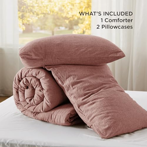 Image of Bedsure Comforter Set Queen Size - Cotton Fabric with Microfiber Inner Fill, Pink Clay PureWoven Soft Bed Set for All Seasons, 3 Pieces, 1 Comforter (90 inch x 90 inch) and 2 Pillow Cases (20 inch x 26 inch)