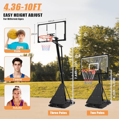 Image of PIZZELLO Basketball Hoop Outdoor 44 /52 Inch Shatterproof PC Backboard, 4.36-10FT Stepless Adjustable Height, Portable Basketball Hoop for Kids /Teens /Adults in Backyard, Driveway and Indoor