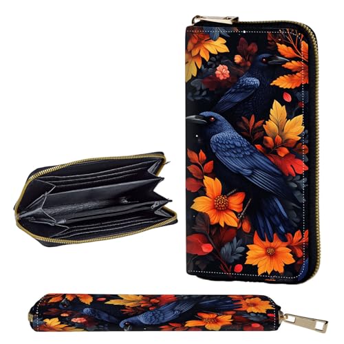 Wallet,Leather Long Wallet Suitable For Ladies And Teenagers - Detachable Wristband + RFID Travel Wallet With Card Slot - Autumn Crows and Flowers