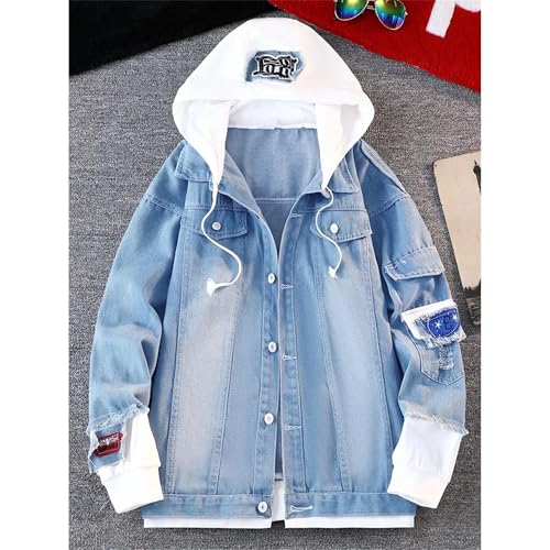 Mens Loose Fit Denim Coat Hooded Long Sleeve Single Breasted Washed Jeans Jacket Spring Autumn Spliced Casual Outerwear4