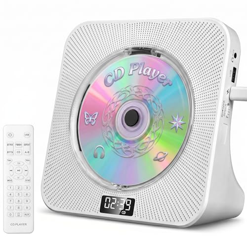 Image of Gueray CD Player Portable Bluetooth Desktop CD Player for Home with Timer Built-in HiFi Speakers with LCD Screen Display Boombox FM Radio USB Type-c (Ivory)