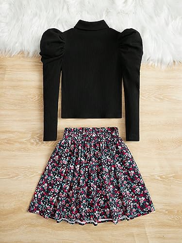 Image of OYOANGLE Girls' 2 Piece Outfits Rib Knit High Neck Long Sleeve Tops And Floral Print Skirts