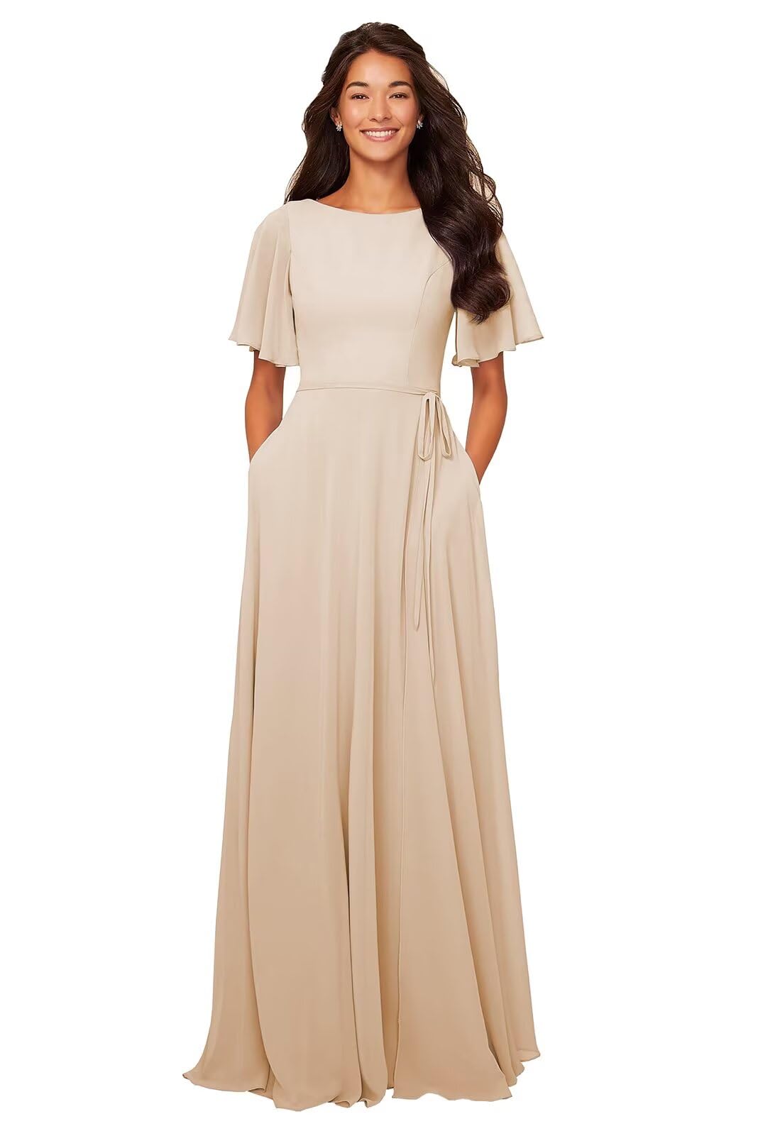 GOEBAODEEN Chiffon Modest Bridesmaid Dresses A Line Bateau Neck Flutter Sleeve Formal Evening Gown with Pockets