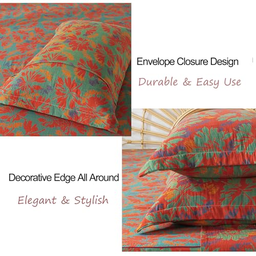 Image of FADFAY Floral Sheets Set Queen Vintage Red Green Floral Bedding Shabby Maple Leaf Farmhouse Bedding Super Soft Washed Double -Layer Muslin Sheets 100% Cotton Deep Pocket Fitted Sheet 4Pcs, Queen Size