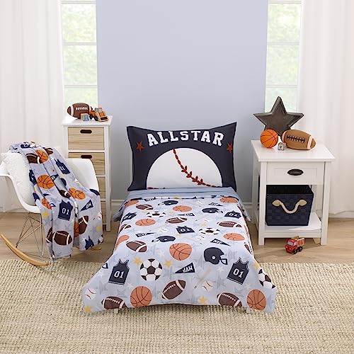 Image of Everything Kids Sports Gray, Navy, Orange, and Brown Allstar 4 Piece Toddler Bed Set - Comforter, Fitted Bottom Sheet, Flat Top Sheet, and Reversible Pillowcase