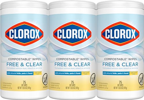 Clorox Free & Clear Compostable Cleaning Wipes, Light Lemon Scent, 75 Count, Pack of 3 (Pack May Vary)