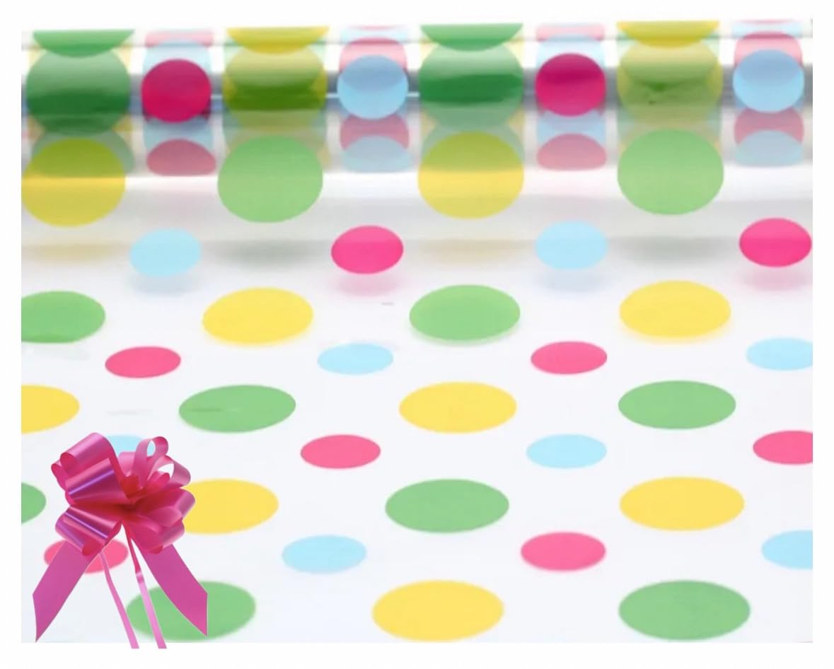 ShredAstic Coloured Dot Cellophane wrap Film for hampers with Cerise Pull Bow Easter (5 metres)