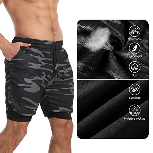Klinnfenr Mens 2 In 1 Gym Running Shorts 7 Inch Lightweight Athletic Workout Clothes For Men Quick-Dry Shorts With Zipper Pockets,Camouflage Black L #TOP3