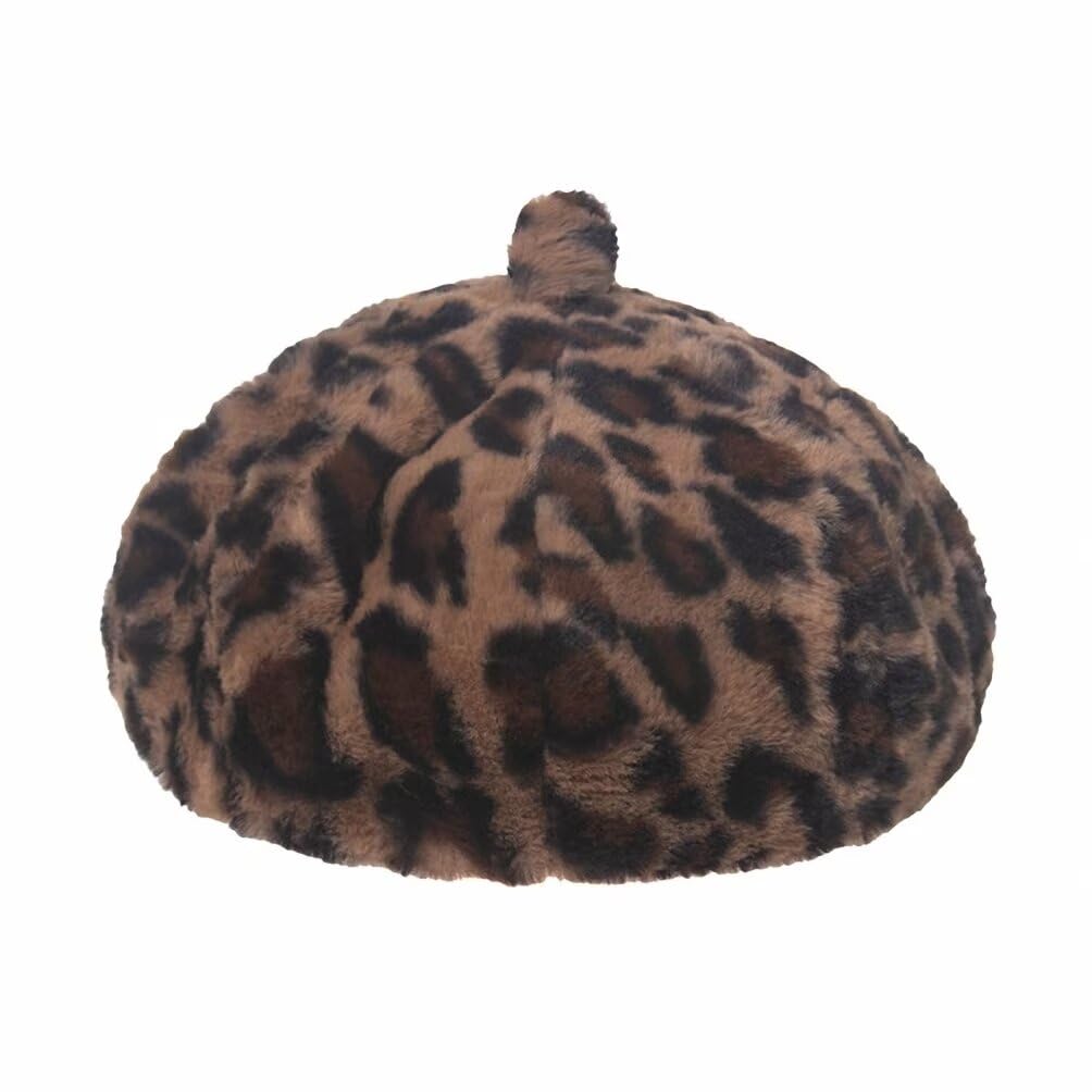 Plancholo Women's Brown Winter Furry Beret Hats Leopard Warm Fluffy Plush French Beret Faux Fur Classic Solid Beret Cap For