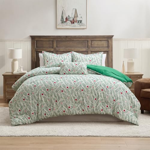 Hallmark Queen/Full Size 4-Piece Holiday Bedding Set | Festive Comforter 2 Shams Decorative Pillow | Lightweight & Cozy Home Decor | Super Soft Microfiber Fabric | Wrinkle-Resistant | Green Branches