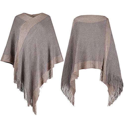 Image of Women's Elegant Knitted Shawl Poncho with Fringed V-Neck Striped Sweater Pullover Cape Gifts for Women Mom