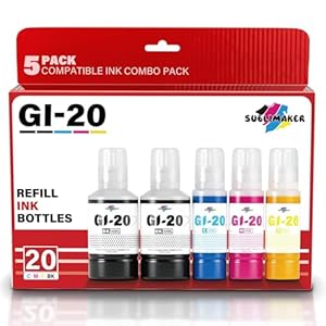 GI-20 GI20 Kit de botellas de repuesto de tinta compatible con impresoras Canon PIXMA G6020 G7020 G5020 6020 7020 5020 MegaTank, compatible con botellas de repuesto de tinta Canon GI-20, paquete de 5 (negro 4.7 fl oz, color 2.4 fl oz)
