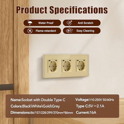 BSEED Steckdose mit USB C(5 V 2.1A),Unterputz Steckdose (Typ C und Typ C),16A 250V 3 Fach Wandsteckdose,2*USB C Einbausteckdose Geeignet für Phone,Pad-228mm*86mm,Gold