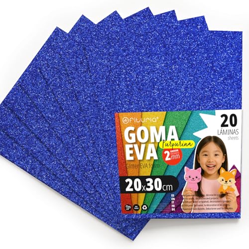 OFITURIA Goma Eva con Purpurina para Manualidades Creativas, Láminas de Foam Brillante para DIY, Proyectos Escolares, Arte Decorativo, Scrapbooking 20x30cm (Azul Oscuro Purpurina, 20 uds)