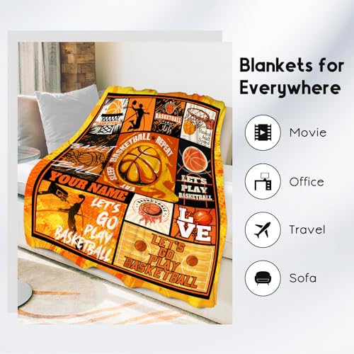 Custom Basketball Blanket - 40x50 Inches Sports Throw Blanket for Boys Kids - Orange Soft Fuzzy Blankets for Couch, Sofa & Office