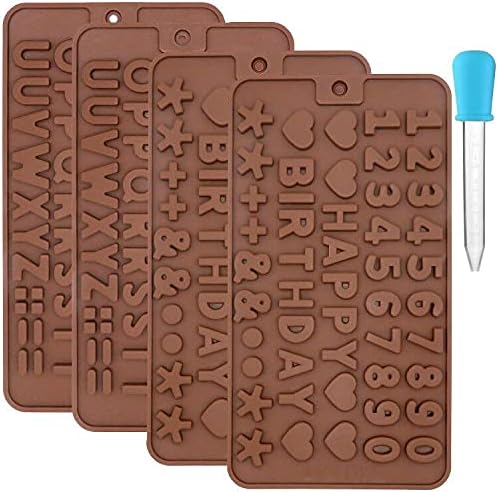 4 Set Silicone Chocolate Letter Mold and Number Moulds Tray with Plastic Dropper for Soap Making Candy Cake Decorating DIY Baking Alphabet Happy Birthday Symbol Stencils
